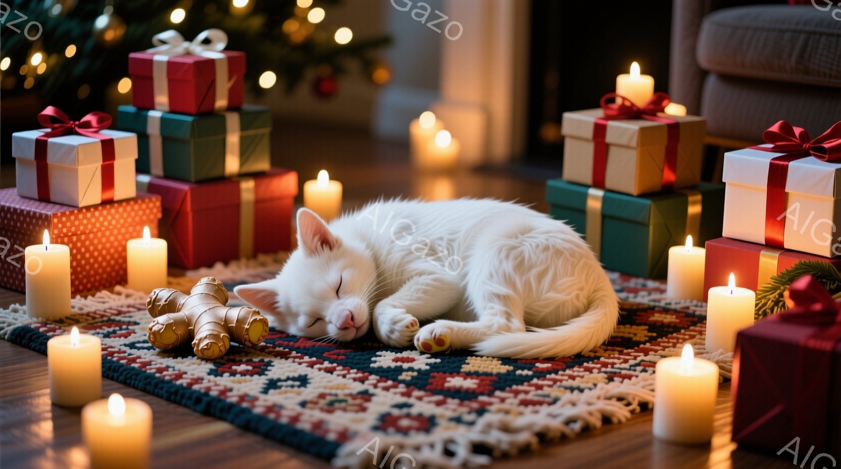 白い猫が、赤い模様が入った絨毯の上で丸まって眠っています。周りにはクリスマスプレゼントのような箱と、灯されたキャンドルが置かれ、暖かく穏やかな雰囲気が漂っています。背景にはぼやけたクリスマスツリーが見え、ホリデーシーズンを感じさせます。