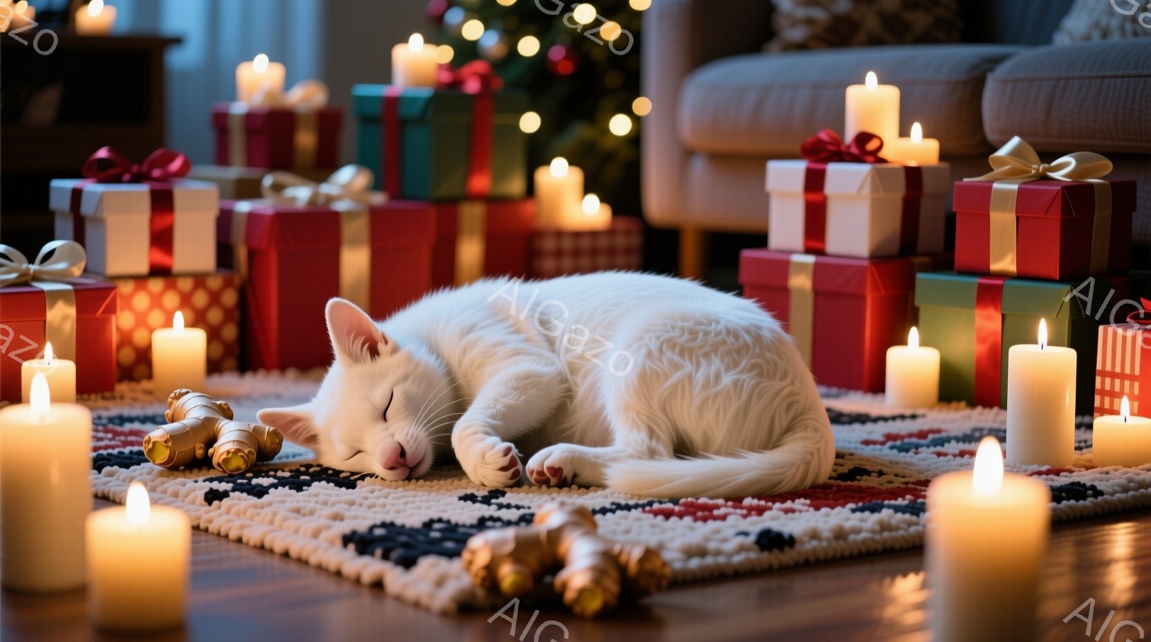 白い猫が赤い敷物の上で丸まって眠っており、周囲にはクリスマスプレゼントと点灯したキャンドルが置かれている。プレゼントは赤や緑のリボンで飾られており、背景にはぼやけたクリスマスツリーとソファが見える。全 - AI生成フリー素材