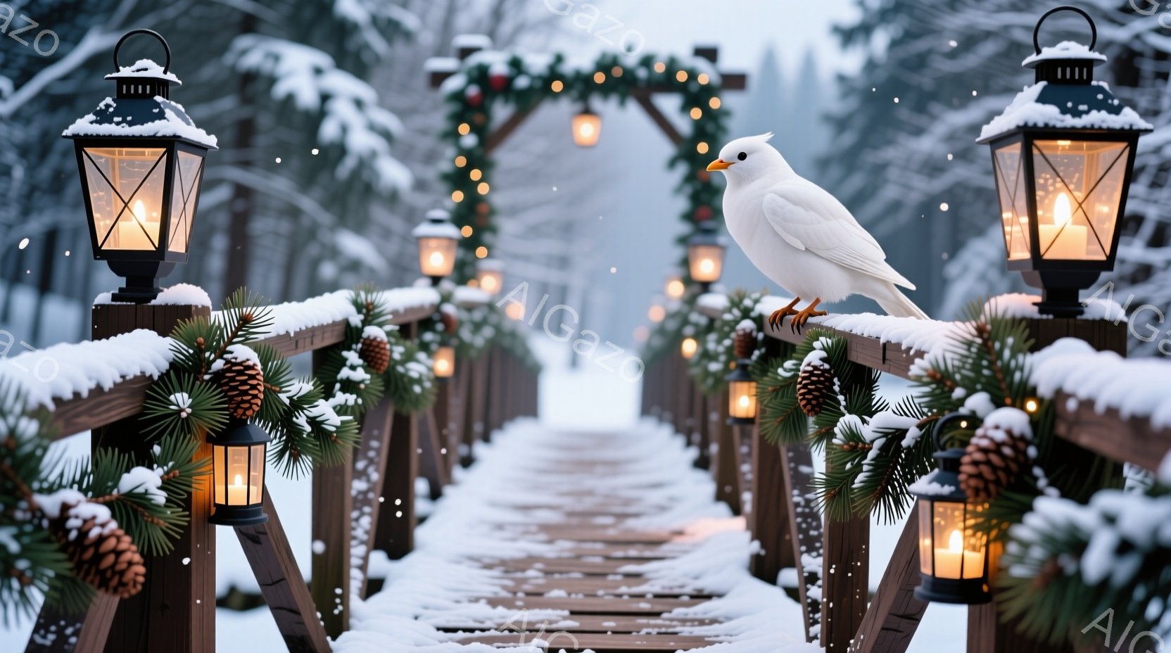雪に覆われた木製の橋の上には、飾り付けられた松ぼっくりと葉っぱで飾られたランタンが並び、遠くには装飾されたアーチが見えます。鮮やかな赤い鳥が橋の柵にとまっており、冬の風景にアクセントを加えています。全体的に穏やかで静けさの漂う、冬の暖かい雰囲気の景色です。