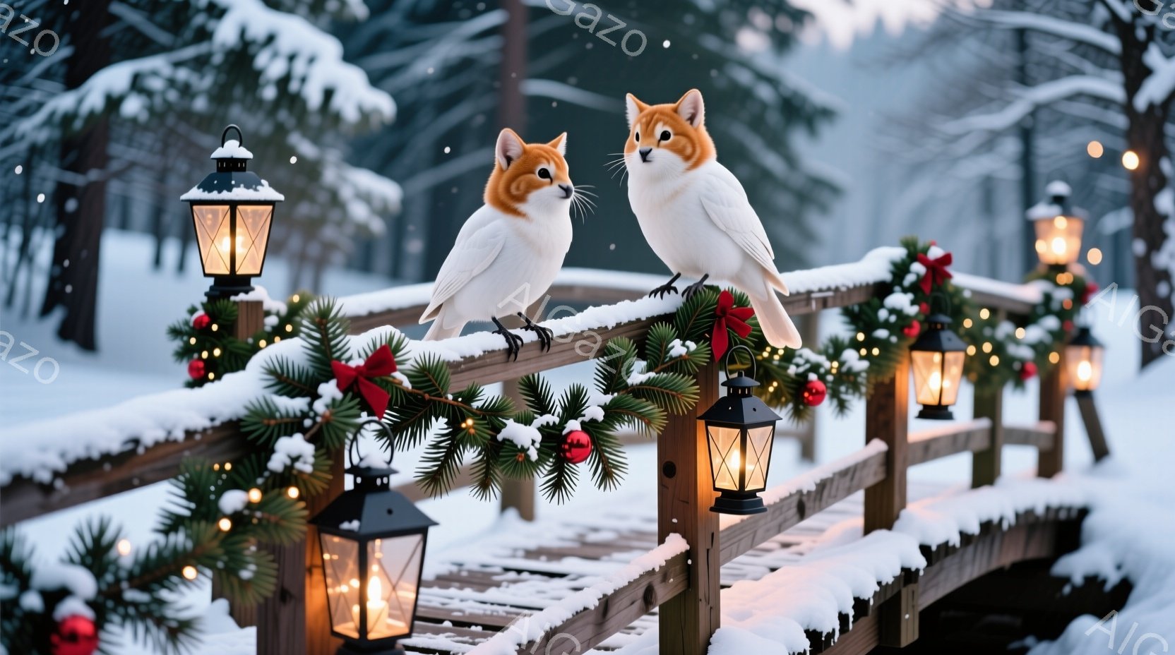 雪が降り積もる木製の橋の上に、白い毛並みでオレンジ色の顔を持つ２羽の鳥が並んで立っています。橋はクリスマスツリーの飾り付けや赤い実で彩られ、周囲には点灯したランタンが設置されています。背景には雪に覆われた木々が広がり、全体的に暖かく、お祝いムードに包まれた冬の風景が広がっています。