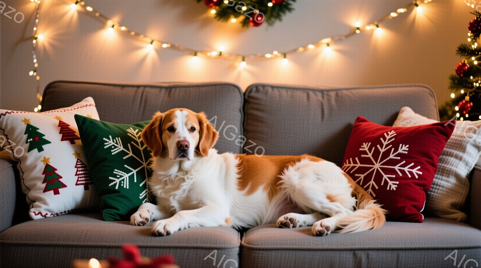 ソファにリラックスして横たわる、茶色と白の毛並みの犬がいます。背景にはクリスマスツリーとキラキラと光る電飾があり、赤と緑のクリスマスのクッションが犬の周りに置かれています。全体的に、暖かく、居心地の良 - AI生成フリー素材