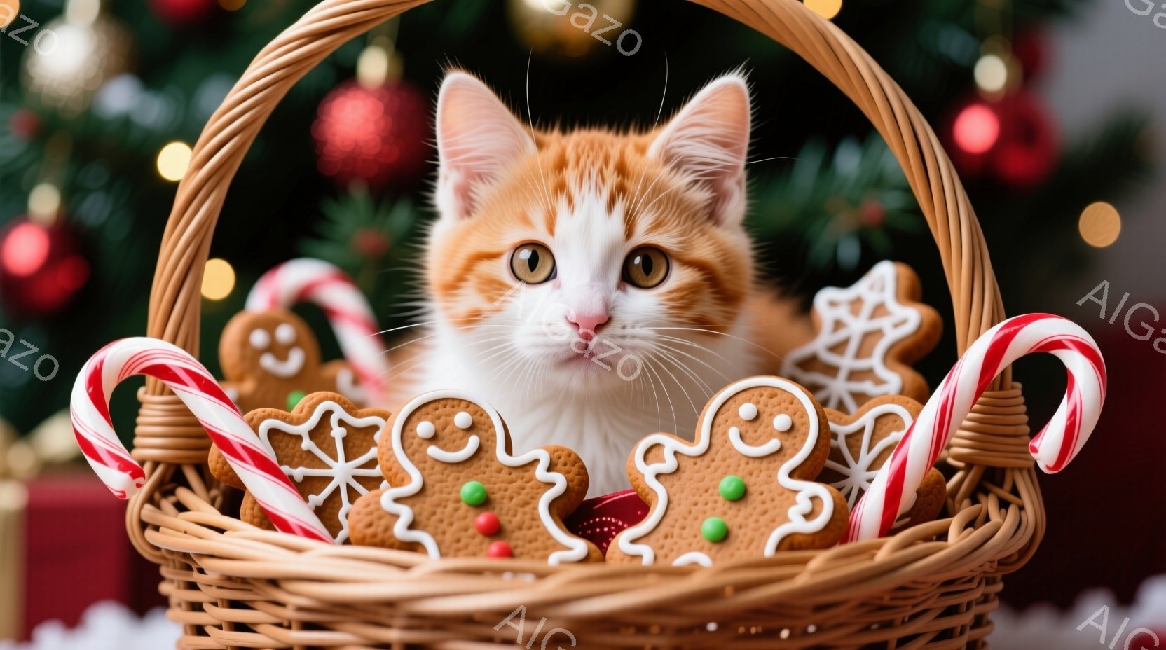 明るいオレンジと白の毛並みの小さな子猫が、クリスマスらしい籐のバスケットの中に座っています。周りには、ジンジャーブレッドクッキーや赤と白のキャンディケーンが飾られ、子猫は少し困ったような、可愛らしい表情をしています。背景には緑のクリスマスツリーがぼんやりと見え、全体的に温かく、お祝いの雰囲気が漂っています。