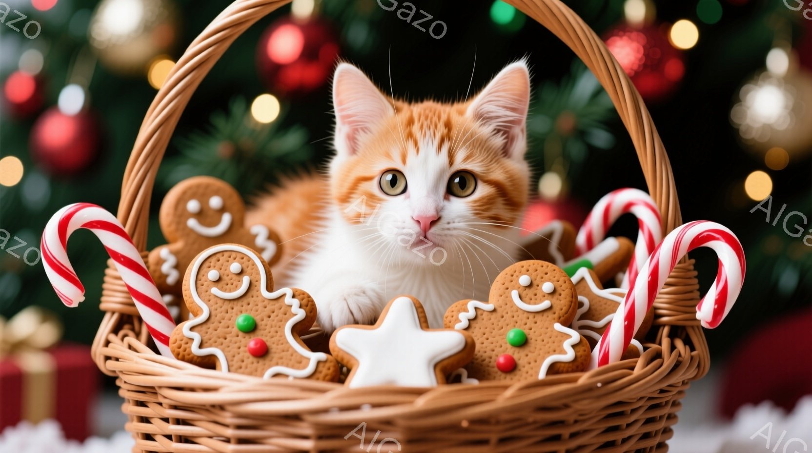 オレンジと白の毛並みを持つ子猫が、クリスマスらしい籐の籠の中に座っています。籠の中には、ジンジャーブレッドマンのクッキーやキャンディケーンが置かれ、子猫は少し驚いたような、好奇心旺盛な表情をしています。背景にはぼやけたクリスマスツリーの飾りや光が散りばめられ、温かく、お祝いの雰囲気が漂っています。