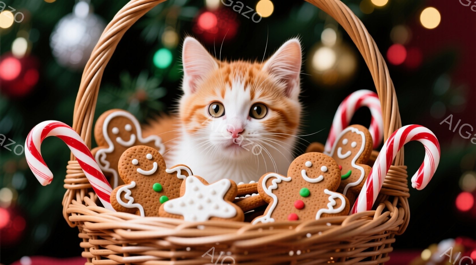 オレンジ色の毛並みを持つ子猫が、クリスマス風の籐かごの中にいます。子猫は少し驚いたような表情でカメラを見つめ、周りにはジンジャーブレッドマンやキャンディケーンが散りばめられています。背景にはぼやけたク - AI生成フリー素材