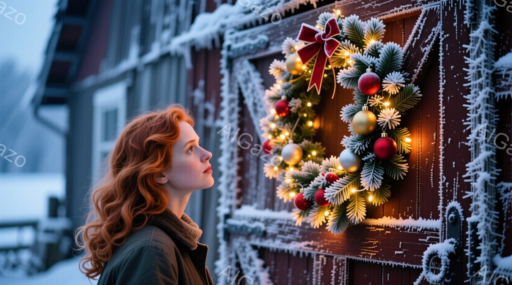 赤毛の女性が、雪で覆われた木製のドアに飾られたクリスマスリースを見上げている。彼女は濃い色のジャケットを着ており、ゆるやかなカールを描いた髪が肩にかかっている。背景には雪景色が広がり、静かで穏やかな冬 - AI生成フリー素材