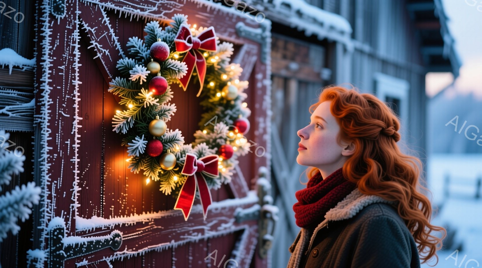 赤毛の女性が、赤い背景の壁に飾られたクリスマスリースを見上げています。彼女は黒いコートと赤いスカーフを身につけ、カールした髪が肩にかかっています。背景は雪に覆われた建物と、ややぼやけた冬の風景で、静かで落ち着いた雰囲気を醸し出しています。