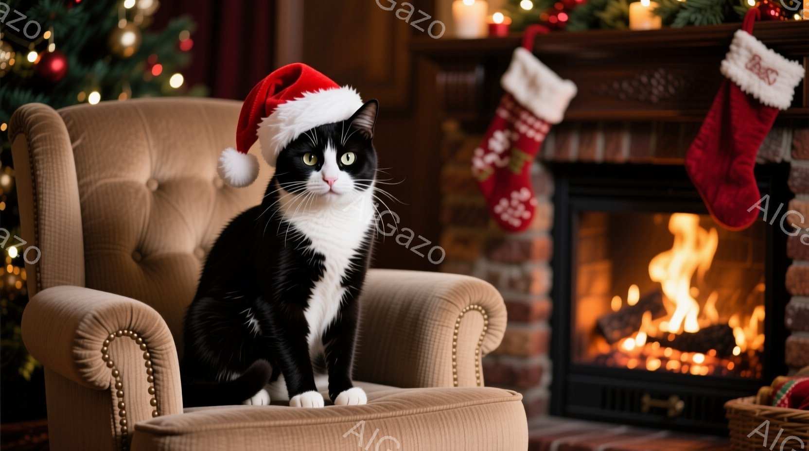 白と黒の猫が、クリスマスの帽子を被って、豪華な肘掛け椅子に座っています。背景には暖炉の火が燃え、赤いストッキングが掛けられ、クリスマスツリーの光がぼんやりと見えます。全体的に、暖かく、居心地の良い、祝祭的な雰囲気が漂っています。
