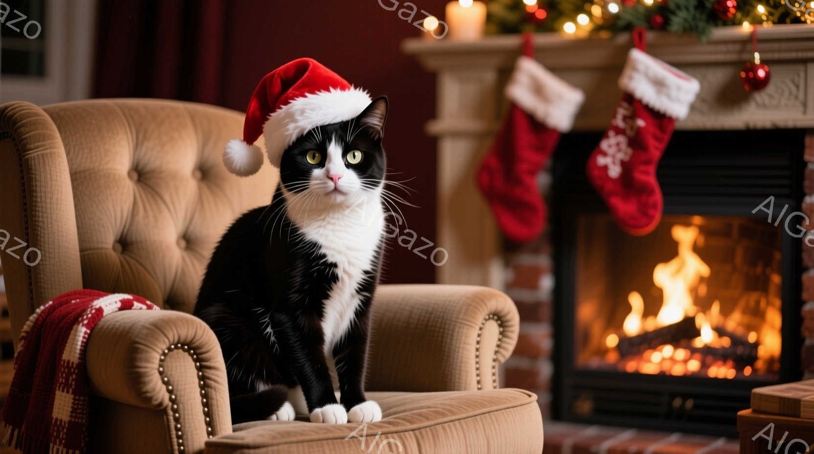白と黒の猫が、クリスマスのサンタ帽をかぶって、豪華なアームチェアに座っています。猫は正面を見つめ、少し警戒したような表情をしています。背景には暖炉の火が燃え、クリスマスストッキングと装飾が飾られ、温かくお祝いの雰囲気が漂っています。