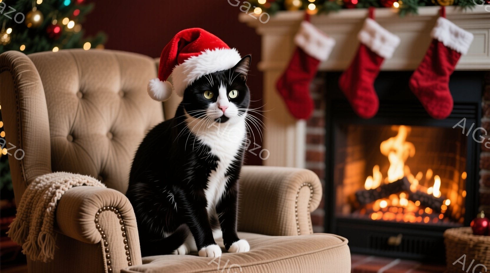 白黒の猫が、クリスマスらしい赤い帽子をかぶり、クリーム色の肘掛け椅子の座席に座っています。背景には、暖炉の火が燃え盛り、クリスマスソックスが飾られた暖炉の壁が見え、クリスマスの飾り付けが施された木もわずかに見えます。全体的に、暖かく、居心地の良い、お祝いの雰囲気が漂っています。