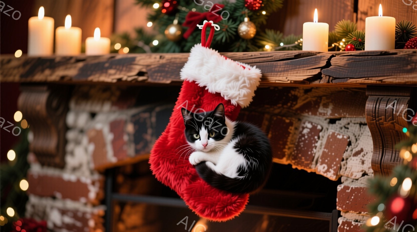 白と黒の猫が、赤い毛並みのクリスマスストッキングの中に丸まって座っています。ストッキングは暖炉の棚に掛けられており、周囲には点灯したキャンドルと装飾が飾られています。暖炉のレンガと光の輝きが、温かく、 - AI生成フリー素材