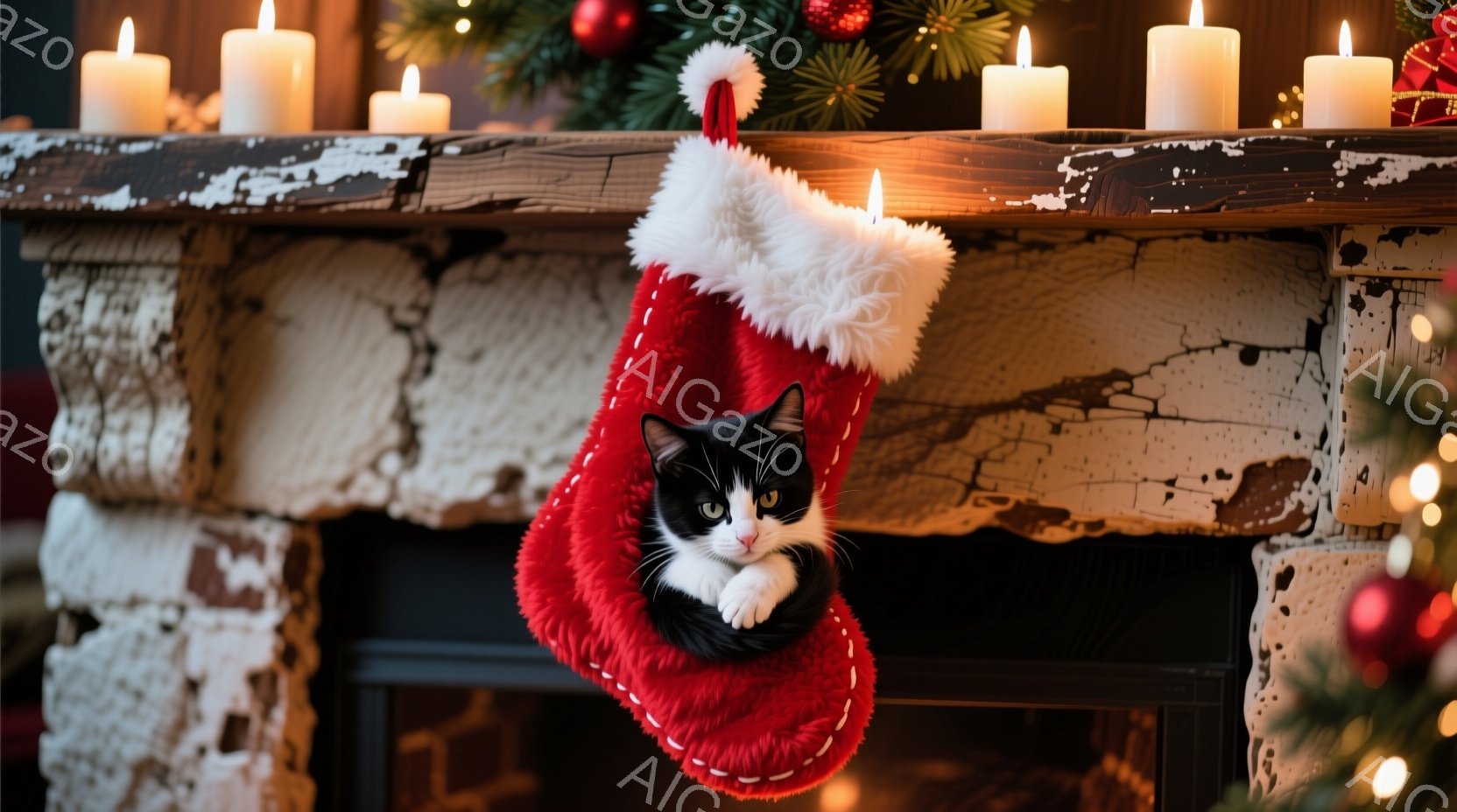 白と黒の猫が、赤いクリスマスストッキングの中に顔を出しています。ストッキングは暖炉の上に掛けられており、背景にはクリスマスツリーの飾りと点灯したキャンドルが見えます。暖かく、遊び心のあるクリスマスの雰 - AI生成フリー素材