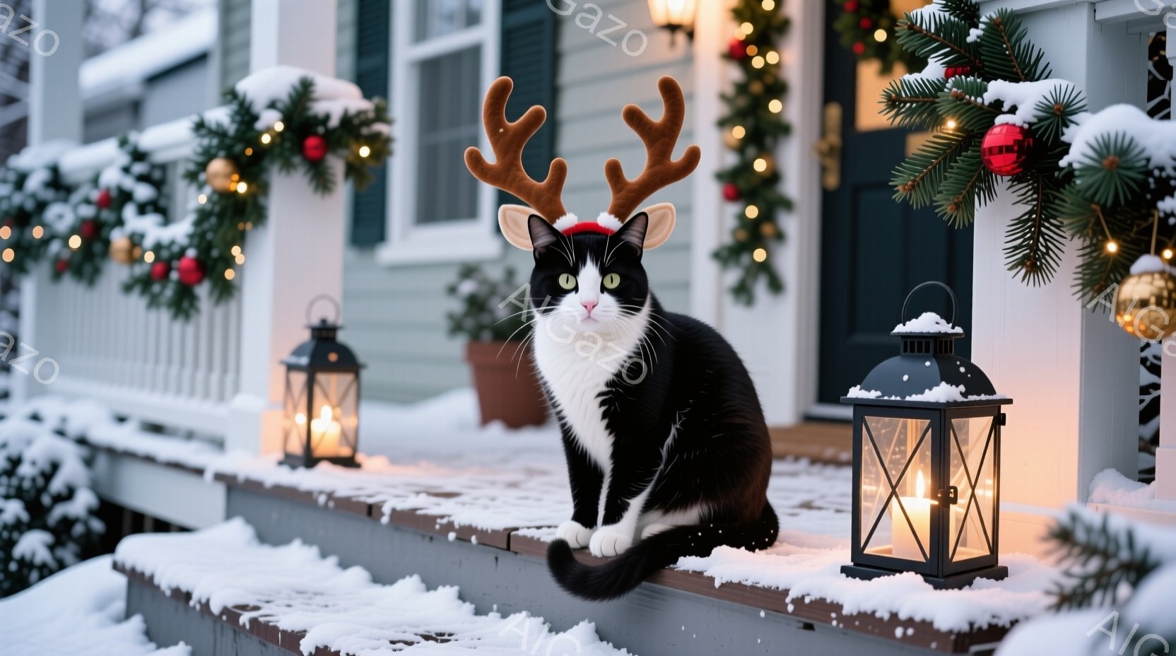 白と黒の猫が、角のような飾りを頭につけて、家の外の雪の積もった階段に座っています。背景にはクリスマスの飾り付けが施された家があり、雪が降り積もった庭と、温かい光を放つランタンが置かれています。全体的に - AI生成フリー素材