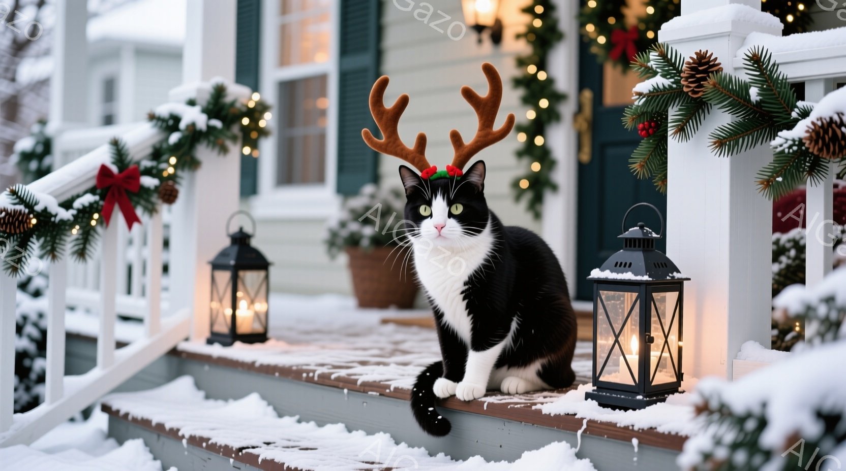 白と黒の猫が、クリスマスのトナカイの角を付けて、家の外の階段に座っています。背景には、クリスマス飾りの施された家、キャンドルが灯されたランタン、そして雪が積もった庭が見えます。温かく、可愛らしい、そし - AI生成フリー素材