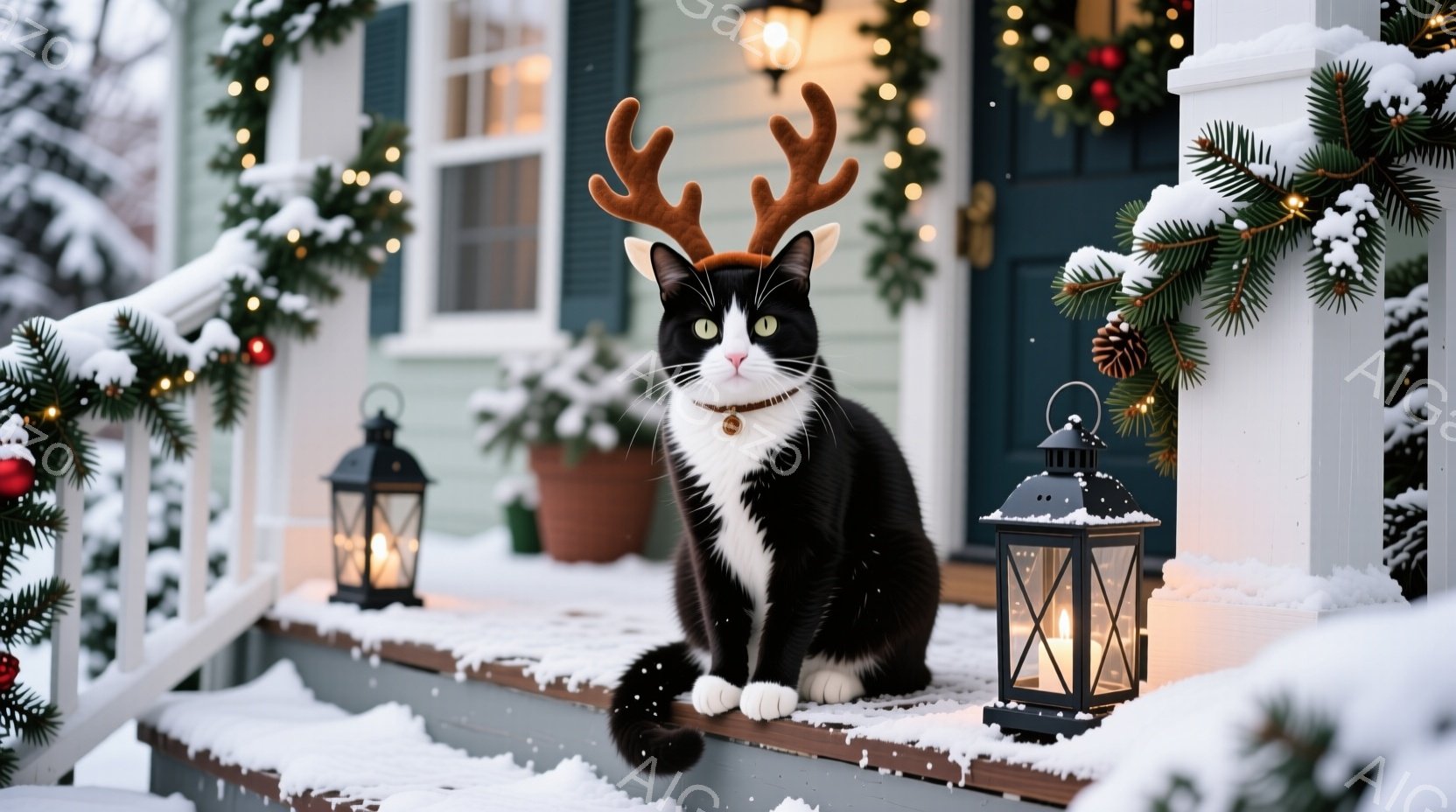白と黒の猫が、クリスマスのトナカイの角を付けて、家の玄関ポーチの階段に座っています。周りには雪が降り積もり、クリスマスの飾り付けが施された家は、暖かく穏やかな冬の雰囲気を醸し出しています。キャンドルが - AI生成フリー素材