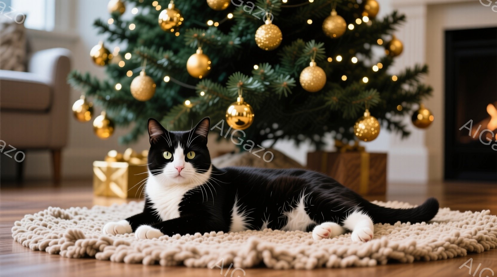 白と黒の猫が、ベージュ色の丸いラグの上に横たわっています。背景には、金色のオーナメントで飾られたクリスマスツリーがあり、プレゼントがいくつか置かれています。暖炉の光がぼんやりと見え、全体的に温かく、居 - AI生成フリー素材