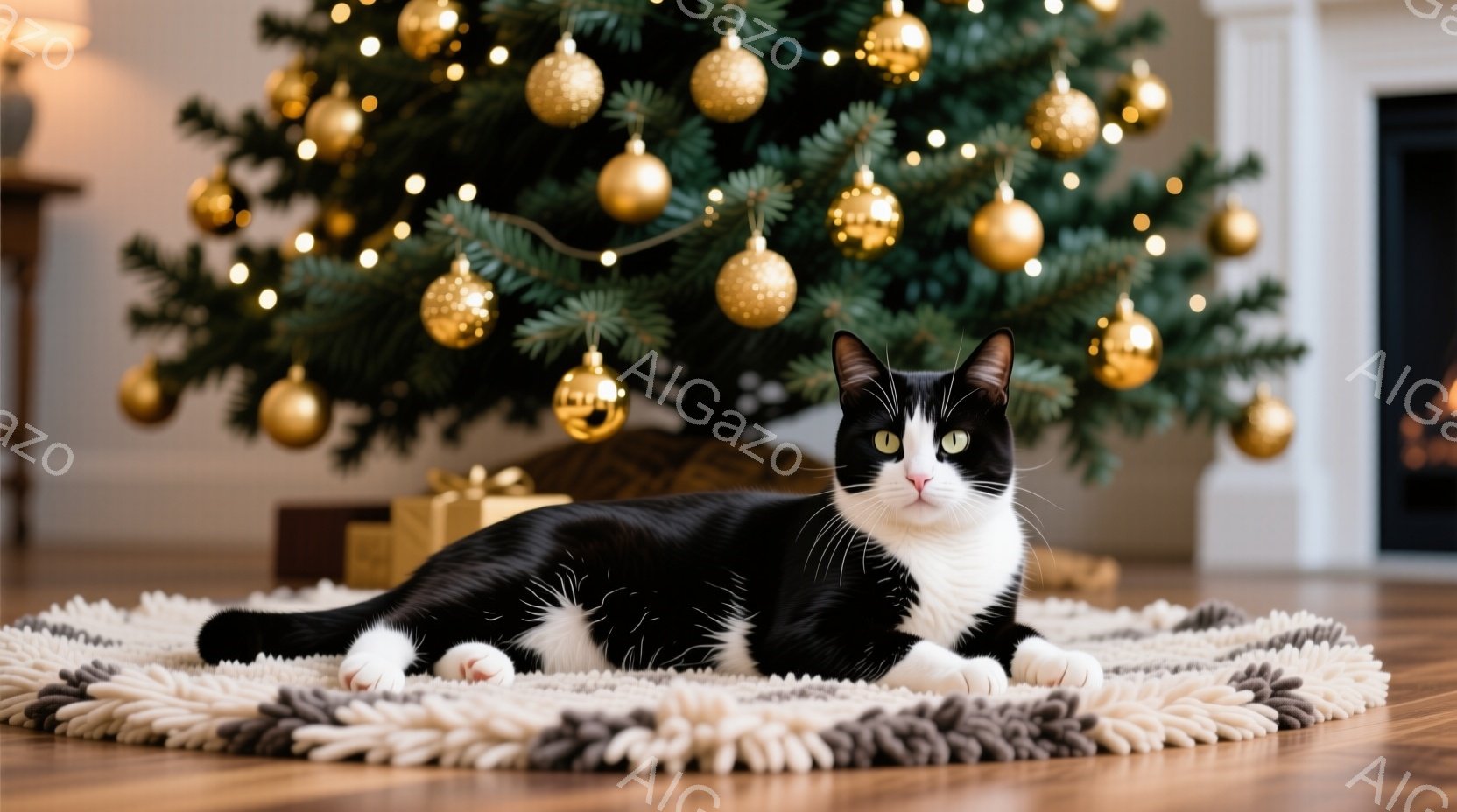 白と黒の猫が、クリーム色とグレーの丸いラグの上に横たわっています。背景には、金色のオーナメントで飾られたクリスマスツリーがあり、暖かく居心地の良い雰囲気を醸し出しています。猫はリラックスした表情で、穏 - AI生成フリー素材