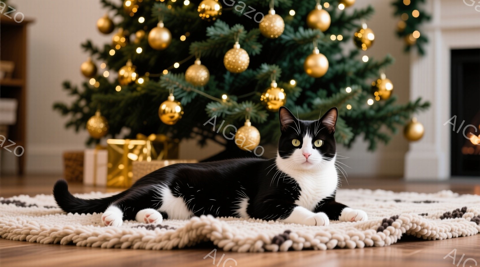 白と黒の猫が、クリーム色のポンポン付きラグの上に横たわっています。背景には、金色のオーナメントで飾られたクリスマスツリーと、プレゼントの箱が見え、暖かく穏やかな雰囲気が漂っています。猫はリラックスした - AI生成フリー素材