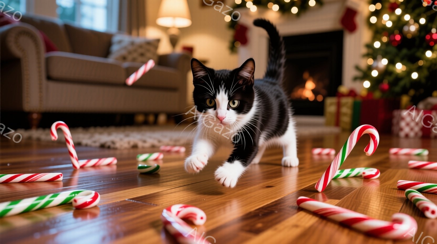 白と黒の模様の小さな子猫が、床に散らばったキャンディケーンの間を駆け抜けています。背景にはクリスマスツリーと暖炉があり、部屋全体が温かく、お祝いの雰囲気に包まれています。木製の床とクリスマス装飾が、ほ - AI生成フリー素材