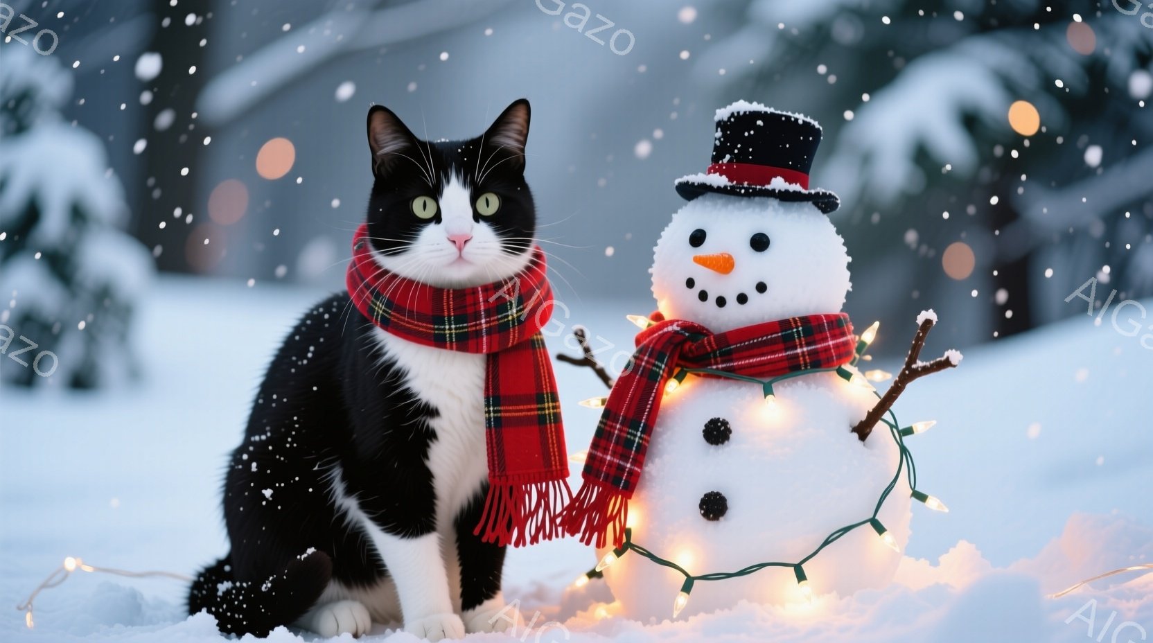 白と黒の猫が赤いチェック柄のマフラーを巻いて雪の上に座っており、その隣には雪だるまが立っている。雪だるまは黒いトップハットとボタンの目、にんじんの鼻で飾られ、同じ赤いチェック柄のマフラーを巻いている。 - AI生成フリー素材