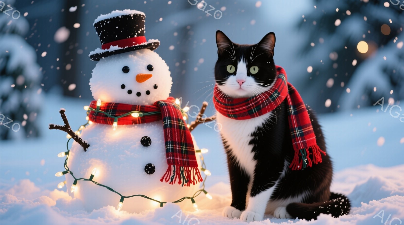 雪景色の中に、雪だるまと黒白の猫が寄り添って座っています。雪だるまは、にんじんの鼻、黒い目と口、そして黒い帽子をかぶっており、赤いタータンチェックのショールで飾られています。猫は同じタータンチェックのショールを首に巻き、前足を揃えて座り、カメラ目線で穏やかな表情をしています。