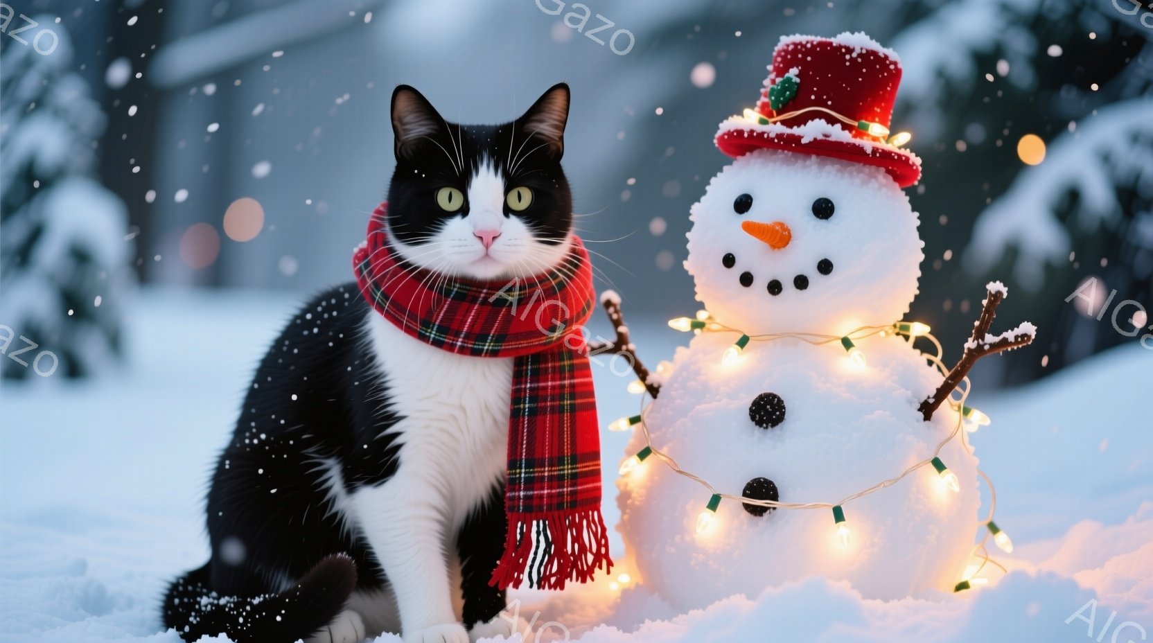 白と黒の猫が赤いチェック柄のマフラーを巻いて座っており、少し驚いたような表情をしています。猫の隣には雪だるまが立っており、赤い帽子をかぶり、にんじんの鼻と炭で作られた目と口を持っています。背景は雪景色 - AI生成フリー素材