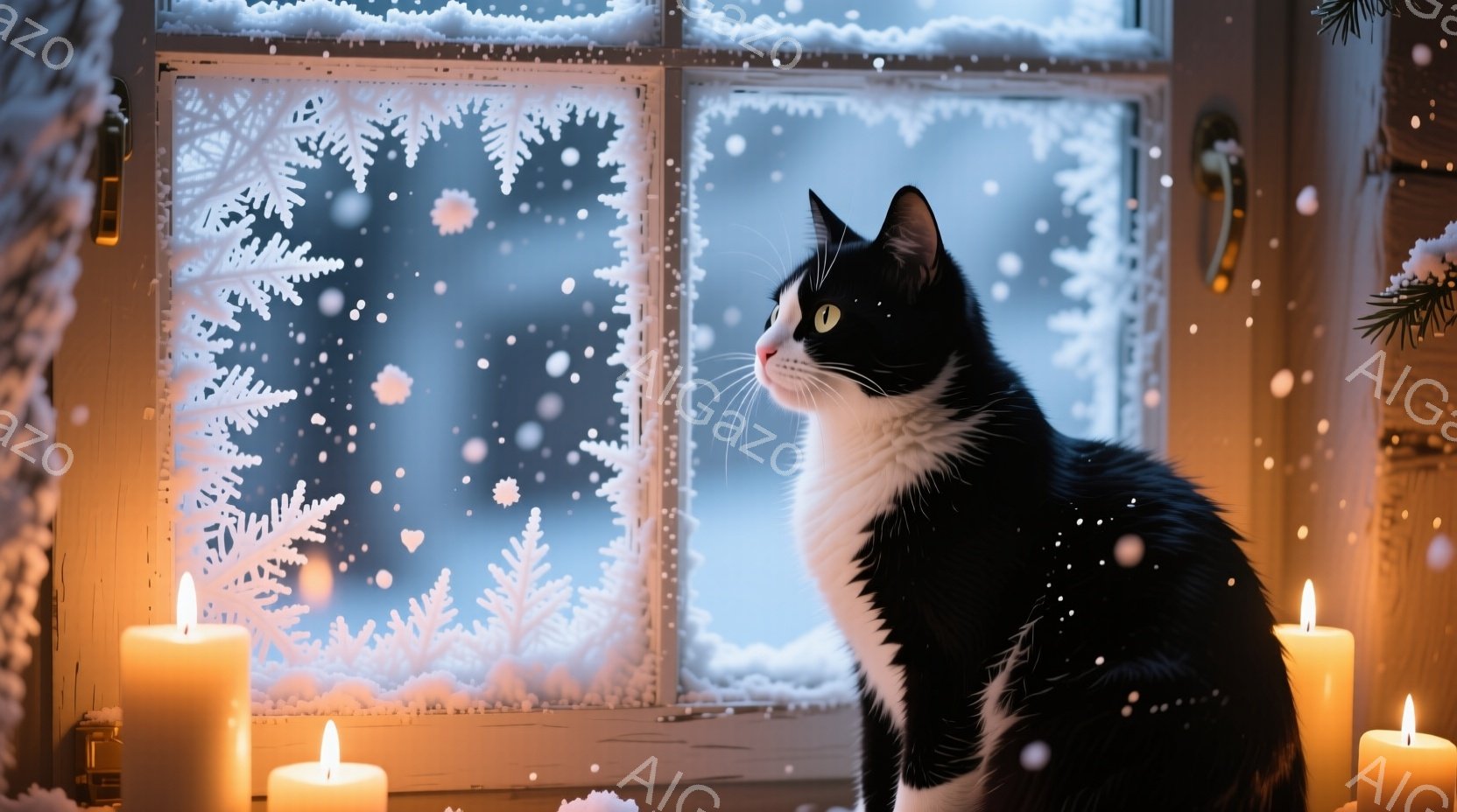 白黒の猫が窓の外の雪景色を眺めています。窓には雪の結晶模様が描かれ、室内には温かい光を放つ複数のキャンドルが置かれ、冬の静かで穏やかな雰囲気を醸し出しています。雪は静かに降り積もり、窓の外は白く覆われ - AI生成フリー素材