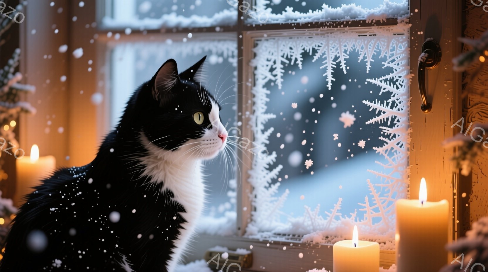 白と黒の猫が、雪の降る窓の外をじっと見つめている。窓には繊細な雪の結晶模様が描かれ、窓枠には霜が降りている。背景には点灯したキャンドルと、ぼんやりと見えるクリスマスツリーがあり、温かく幻想的な冬の雰囲 - AI生成フリー素材