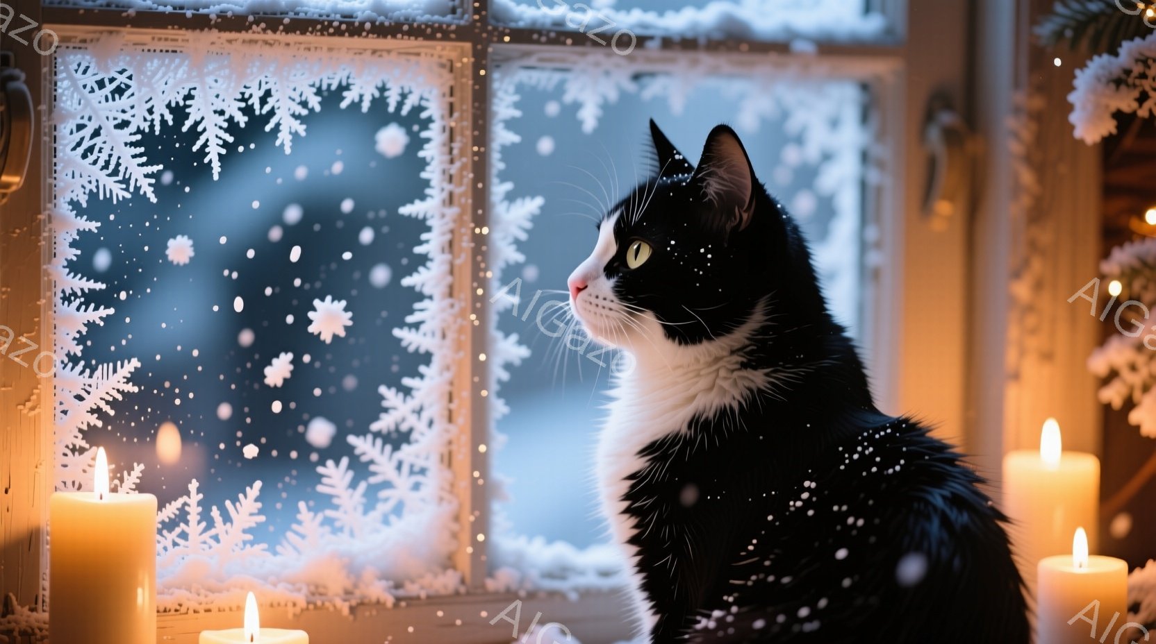 白と黒の猫が窓の外の雪景色を眺めています。窓には雪の結晶が描かれ、周囲には温かい光を放つキャンドルがいくつか置かれています。背景にはぼやけた木々と雪が舞う冬の景色が広がり、全体的に穏やかで幻想的な雰囲 - AI生成フリー素材