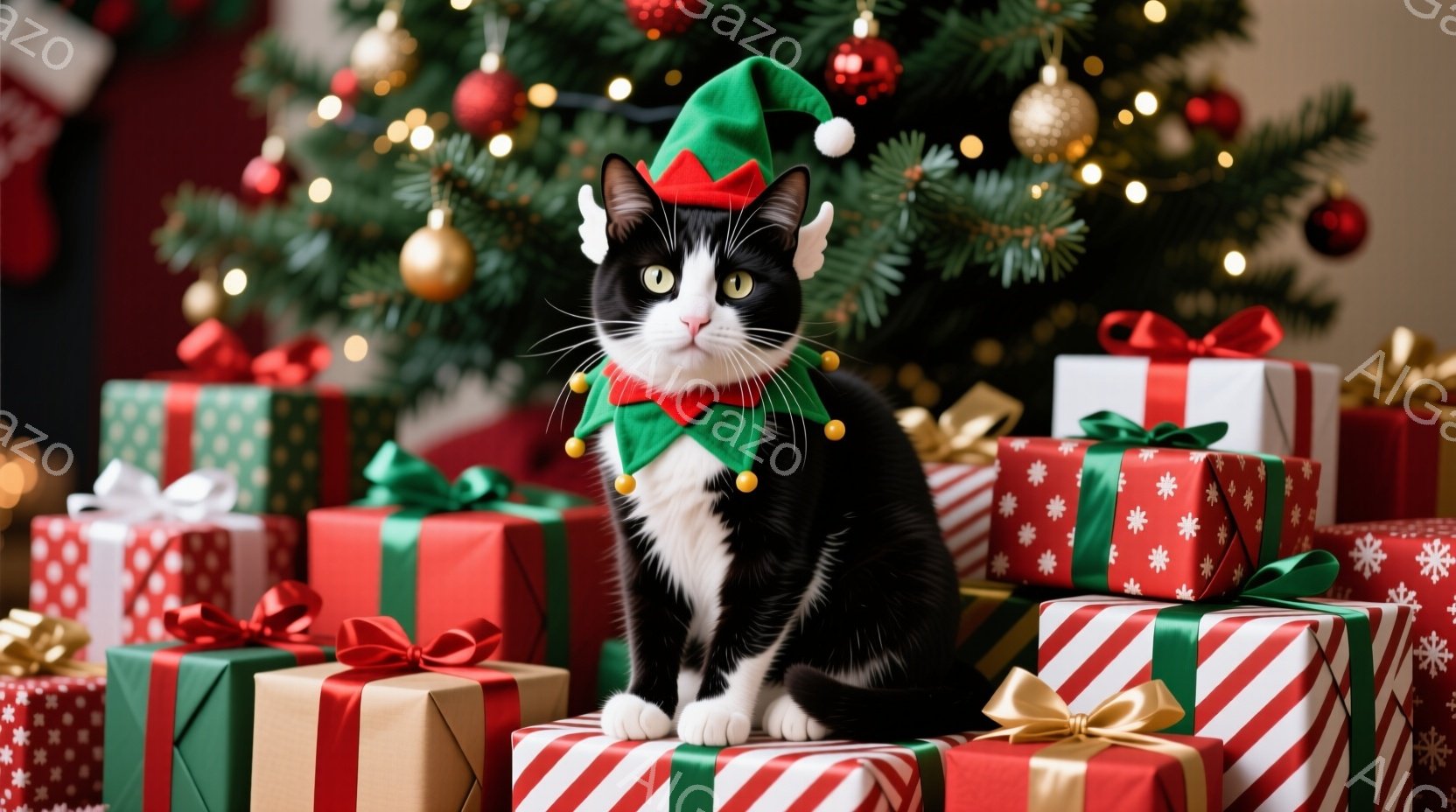 白と黒の猫がクリスマスプレゼントの山の上に座っており、緑のサンタ帽と蝶ネクタイをつけています。猫はまっすぐ前を見ており、少し好奇心と控えめな表情をしています。背景には、装飾が施されたクリスマスツリーと - AI生成フリー素材