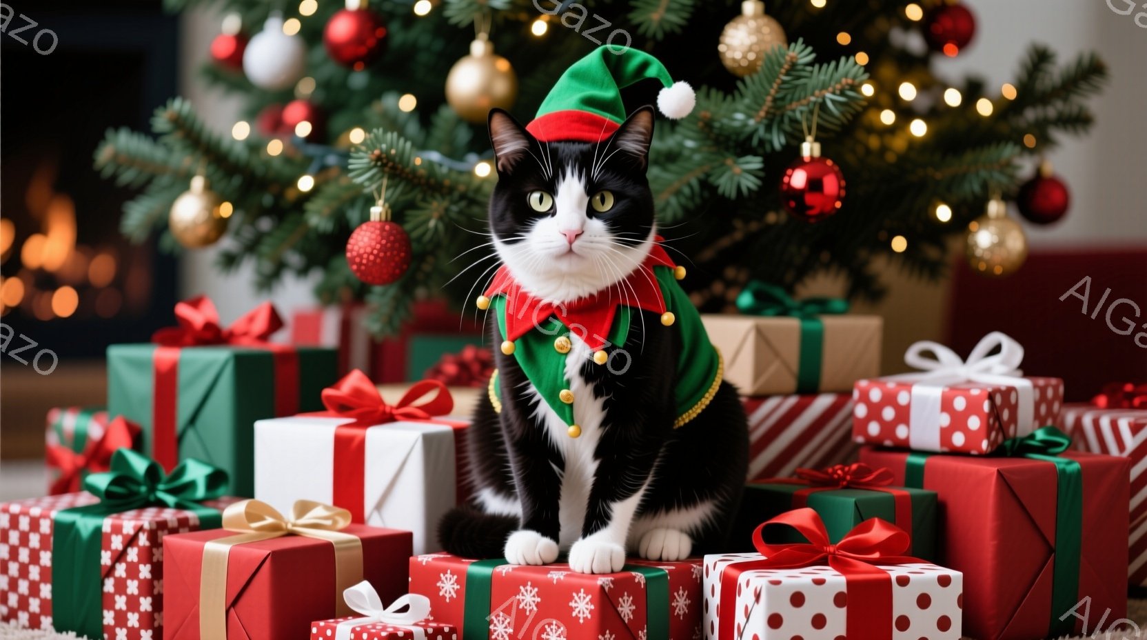 白と黒の猫が、クリスマスツリーの下に積み上げられたプレゼントの山の上に座っています。猫は緑色の帽子と赤いスカーフを身に着け、前足を揃えて落ち着いた表情をしています。背景には、装飾されたクリスマスツリー - AI生成フリー素材