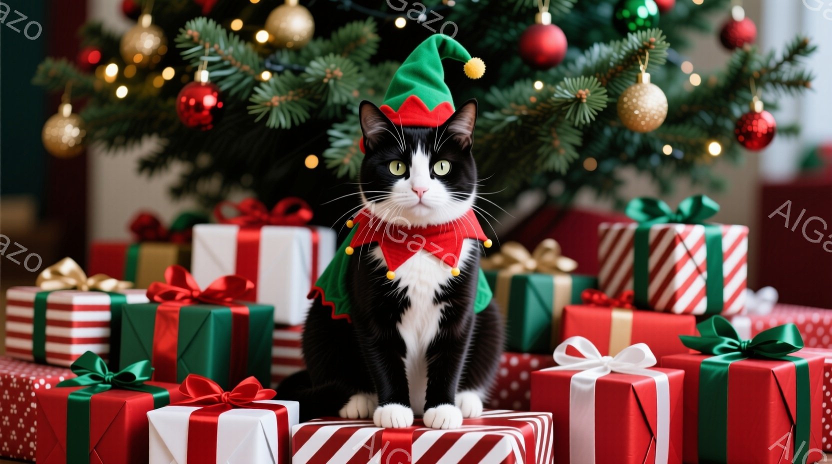白黒の猫がクリスマスプレゼントの山の上に座っており、緑色のエルフの帽子と赤いリボンをつけています。猫は正面を見て少し驚いたような表情をしており、背景にはクリスマスツリーと輝くオーナメントが見えます。全 - AI生成フリー素材
