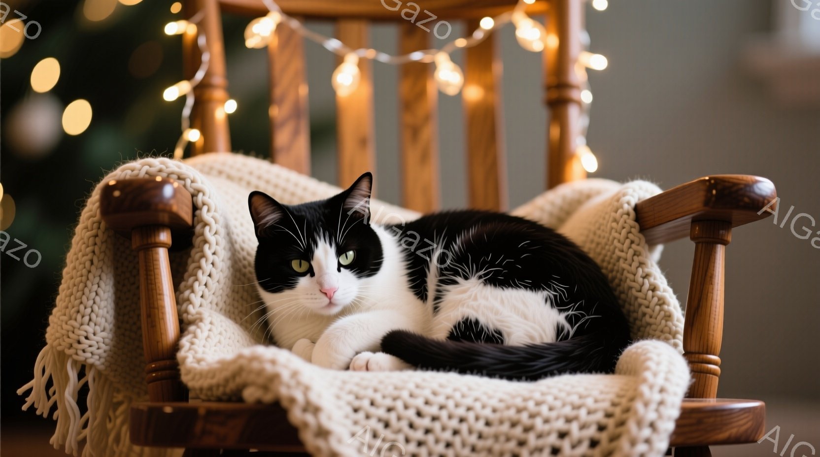 白黒の猫が、クリーム色のざっくりとした編み物のブランケットが敷かれた木製のロッキングチェアにゆったりと横たわっています。猫はリラックスした表情で、緑色の目をカメラに向けており、周囲の暖かく柔らかな光が猫の毛並みを際立たせています。背景にはぼやけた光の装飾が見え、穏やかで居心地の良い雰囲気を醸し出しています。