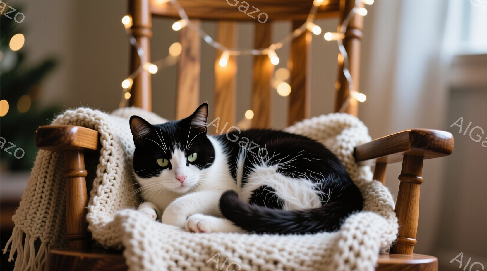 白と黒の猫が、編み物のブランケットが敷かれたロッキングチェアに丸まって横たわっています。猫はリラックスした表情で、緑色の目をわずかに開けてこちらを見ています。背景にはぼんやりとクリスマスツリーが見え、暖色系のフェアリーライトが飾られており、温かく心地よい雰囲気が漂っています。
