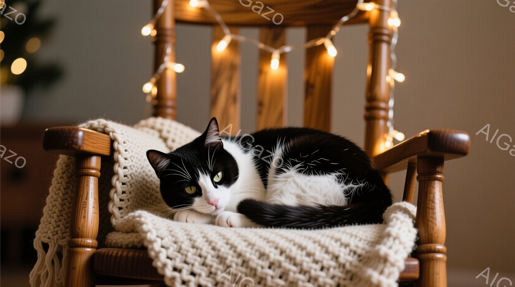 白と黒の猫が、手編みのクリーム色のブランケットが敷かれた古い木製のロッキングチェアに丸まって横たわっています。猫は目を細めてリラックスした表情をしており、暖かく穏やかな雰囲気が漂っています。背景にはぼ - AI生成フリー素材
