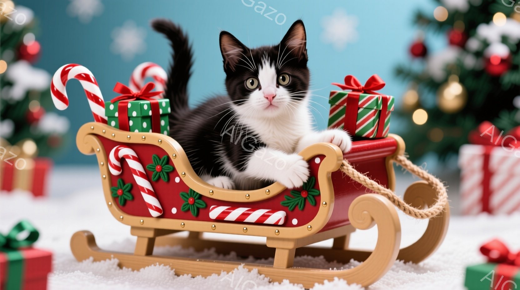 白黒模様の小さな子猫が、クリスマスの飾り付けがされた赤いそりに座ってこちらを見ています。そりは緑と金のリボンで結ばれたプレゼントで満たされ、キャンディケーンで飾られています。背景にはぼやけたクリスマス - AI生成フリー素材