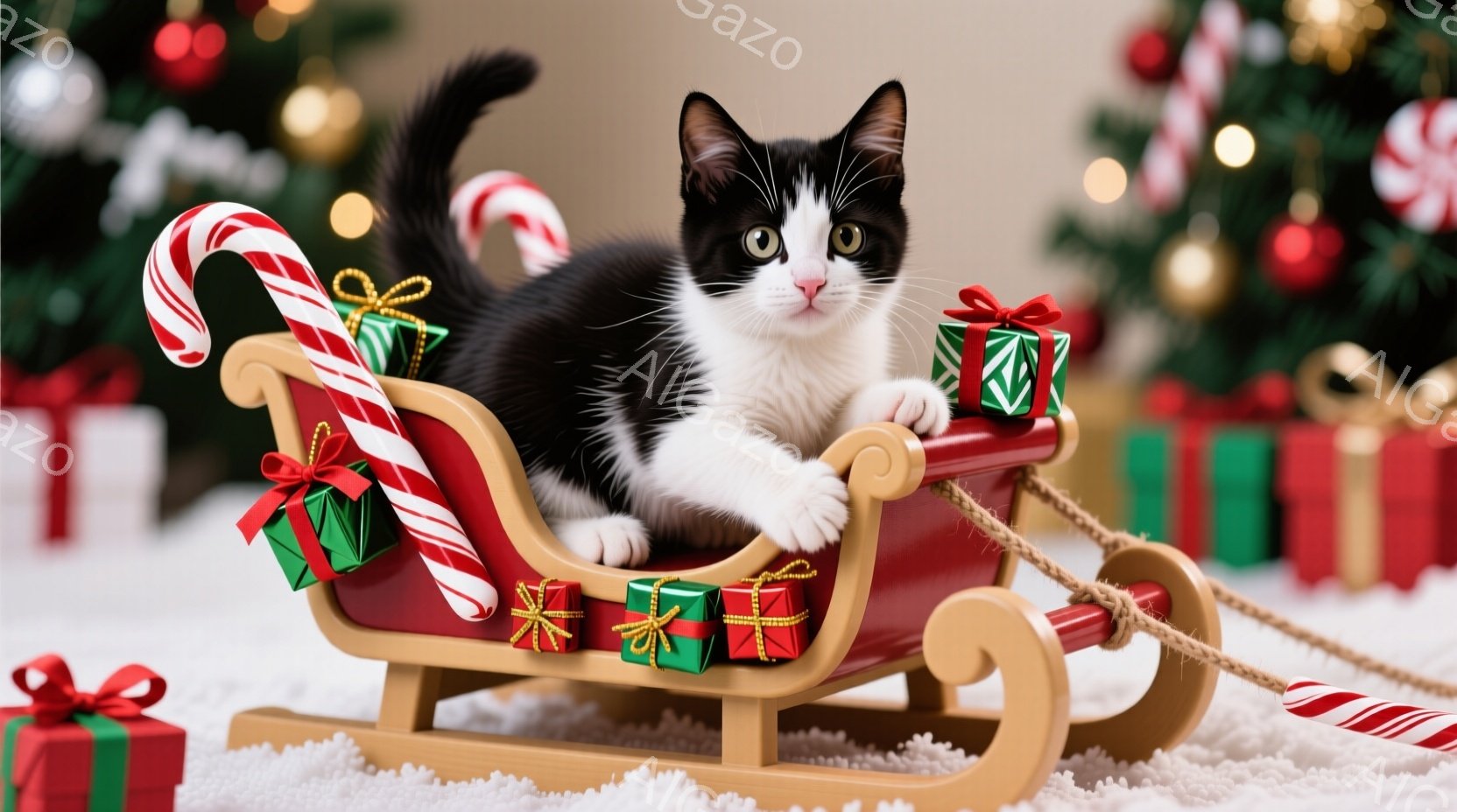 白と黒の縞模様の猫が、赤いそりに横たわって、プレゼントの箱に囲まれています。猫はリラックスした表情で、赤い毛糸のロープで繋がれたそりは、白いふわふわのカーペットの上に置かれています。背景にはクリスマス - AI生成フリー素材