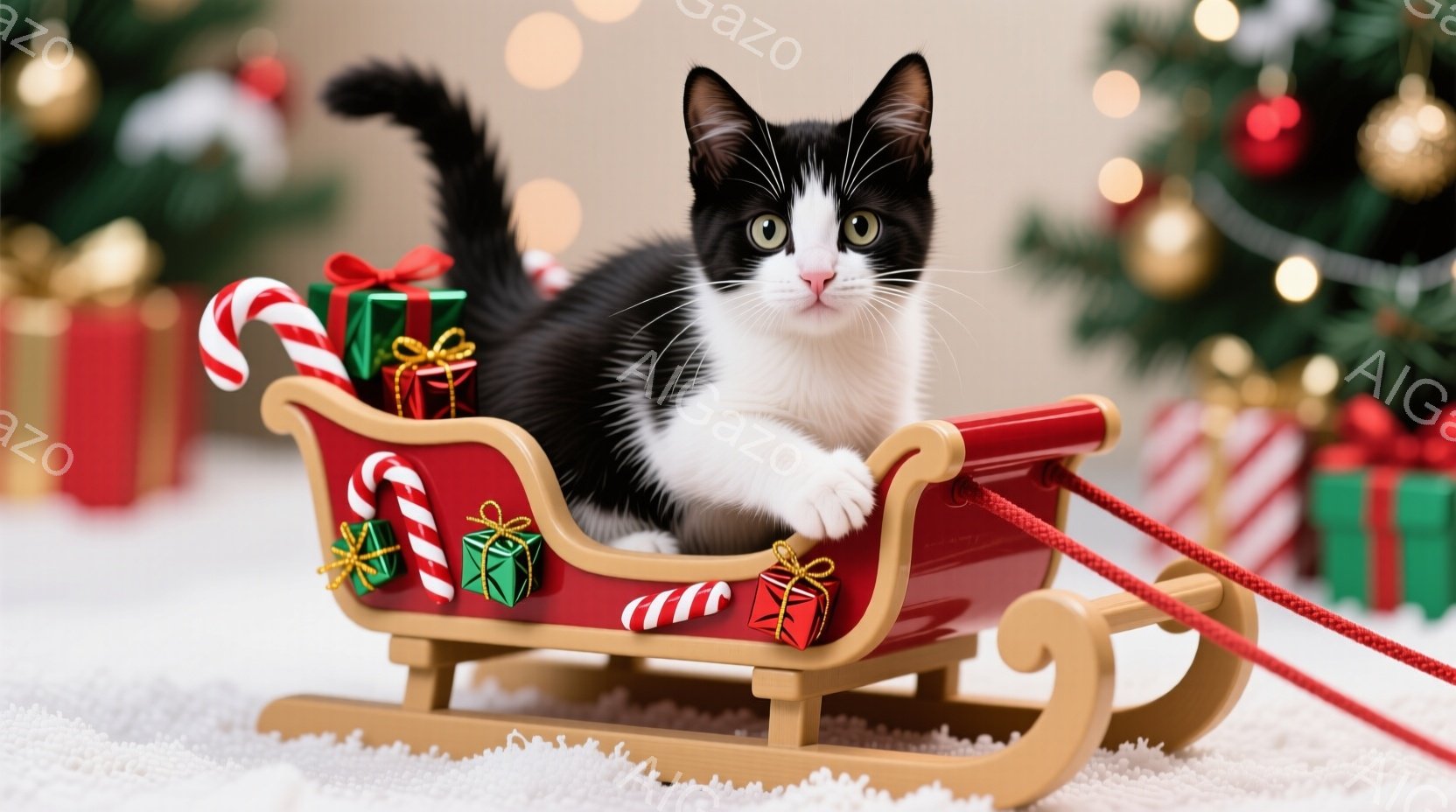 白と黒の毛並みを持つ子猫が、赤いそりに横たわってこちらを見ています。そりにはプレゼントの箱とキャンディケーンが飾り付けられ、背景には緑色のクリスマスツリーとぼやけた光が広がっています。全体的に、暖かく - AI生成フリー素材