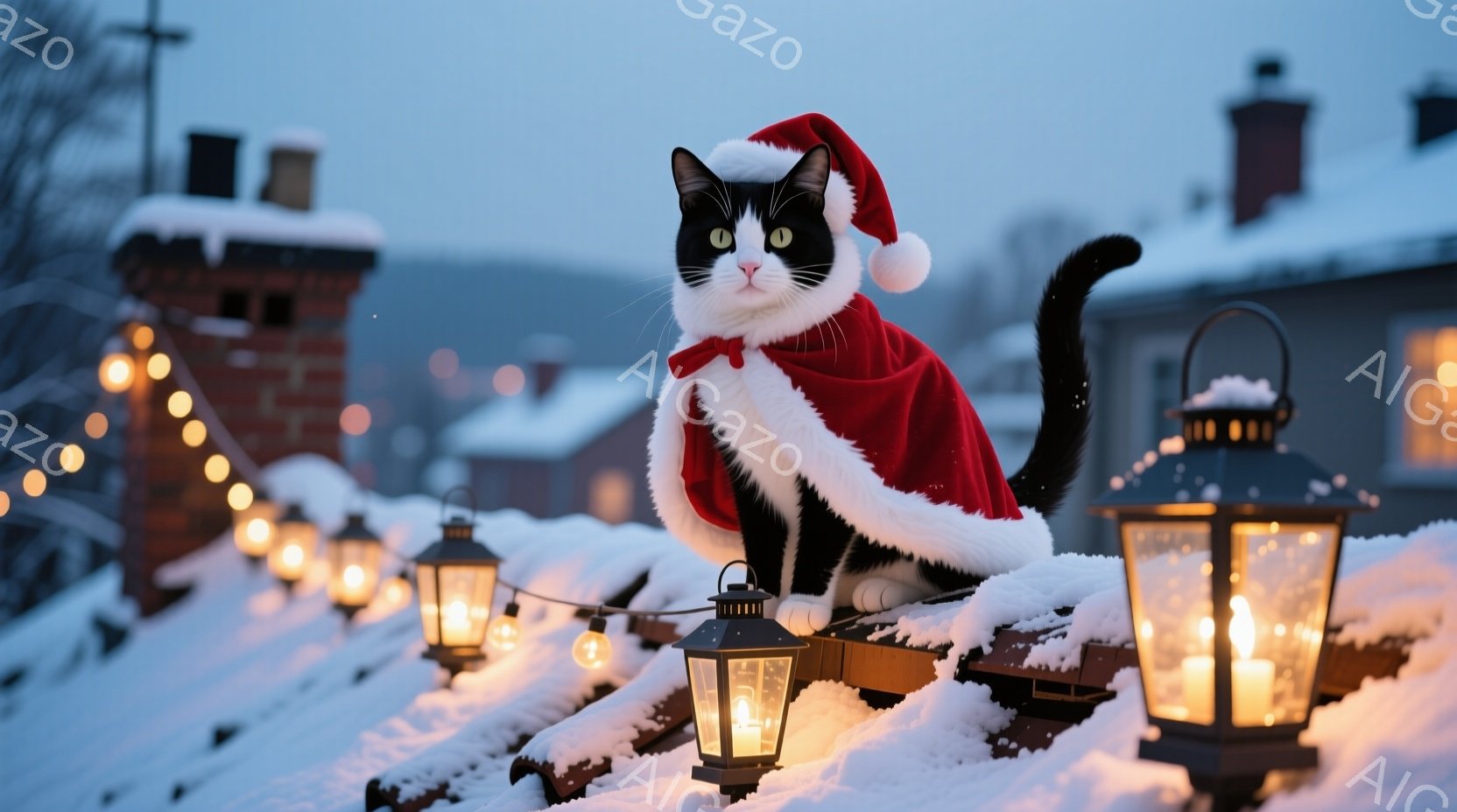 白黒の猫がサンタクロースの帽子と赤いマントを身につけ、雪に覆われた屋根の上で誇らしげに座っています。周囲には、温かい光を放つキャンドルランタンが並び、背景には冬の夕暮れ時の住宅と木々が見えます。全体的 - AI生成フリー素材