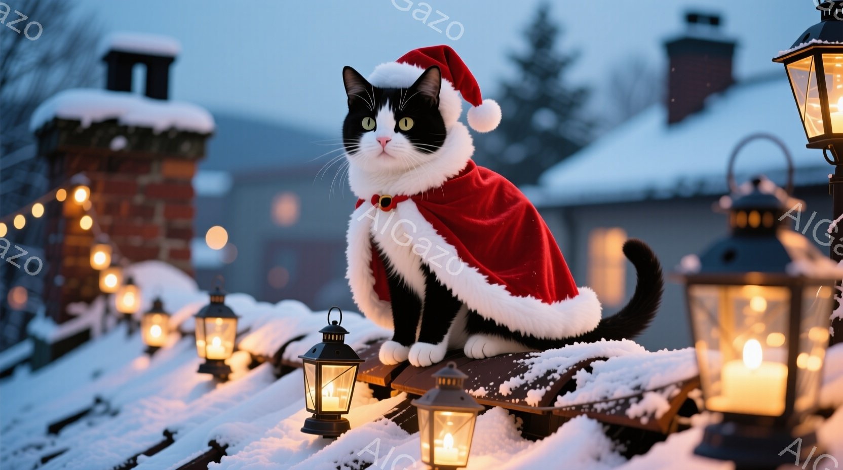 白と黒の猫がサンタクロースの帽子と赤いマントを身に着けて、雪に覆われた屋根の上で堂々と座っています。背景には、雪で覆われた屋根、煙突、点灯したランタンが並び、冬の夜の穏やかな雰囲気を醸し出しています。猫は前を見据え、少し驚いたような表情をしています。