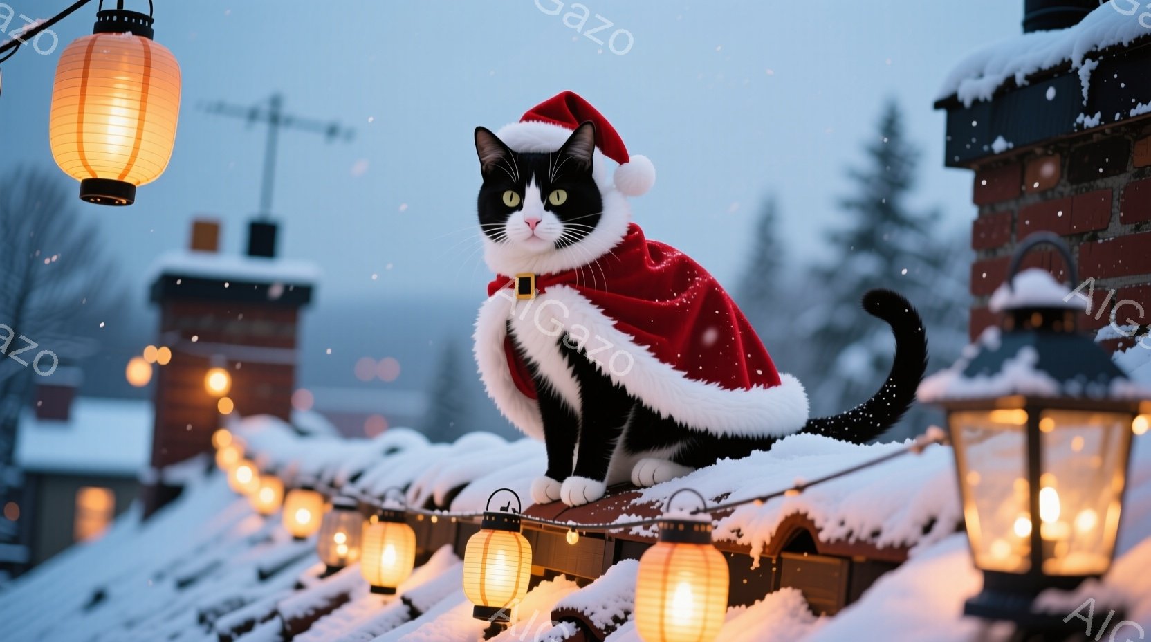 白と黒の猫がサンタクロースの赤いマントと帽子を身に着け、雪に覆われた屋根の上で座っています。背景にはレンガ造りの建物、煙突、そして点灯したランタンが並び、冬の暖かく幻想的な雰囲気を醸し出しています。雪 - AI生成フリー素材