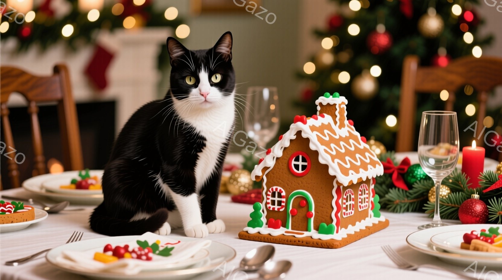 白と黒の猫がクリスマスの食卓に座り、正面を見つめています。テーブルにはジンジャーブレッドハウス、クリスマスツリー、装飾が置かれ、温かくお祝いの雰囲気です。背景は暖炉と飾り付けられたクリスマスツリーで、 - AI生成フリー素材