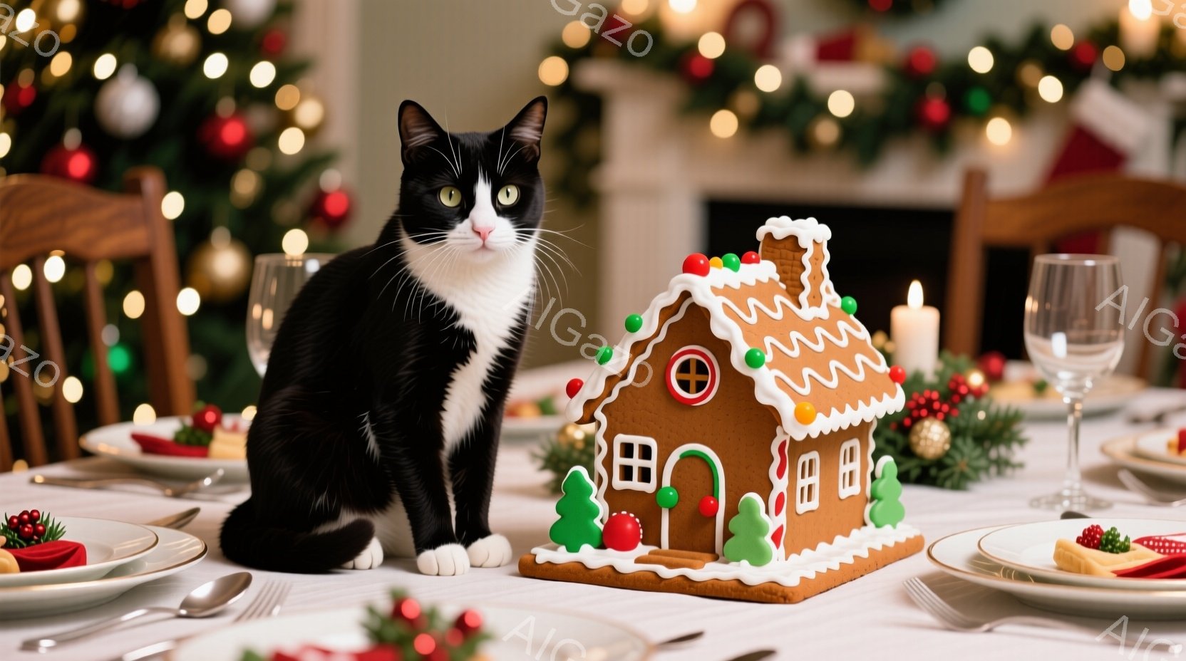 白と黒の猫がクリスマスをテーマにした食卓に座っており、手前にジンジャーブレッドハウスが置かれています。テーブルには様々な料理が盛り付けられた皿が並び、背景にはクリスマスツリーの飾り付けが見えます。暖か - AI生成フリー素材
