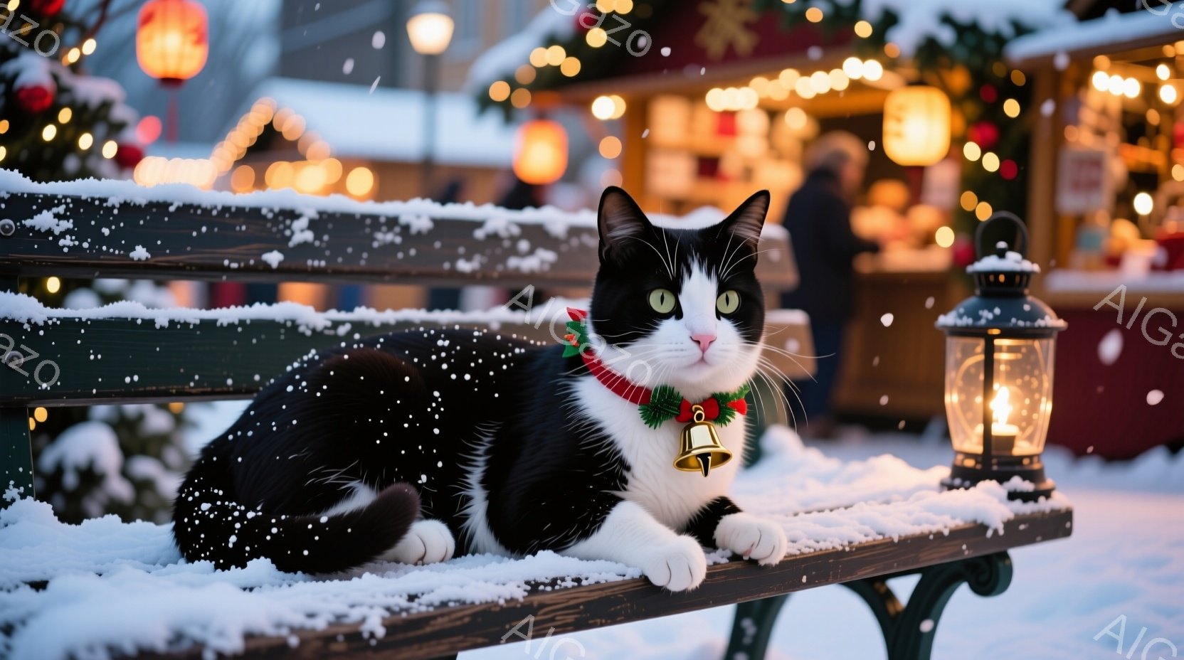 白と黒の猫が雪に覆われた木の柵の上に座っており、遠くにはぼんやりと見える家屋と針葉樹林が広がっています。空にはオーロラが輝き、雪が舞い散る幻想的な冬の夜の風景です。古風なランタンが柵の横に置かれ、温か - AI生成フリー素材