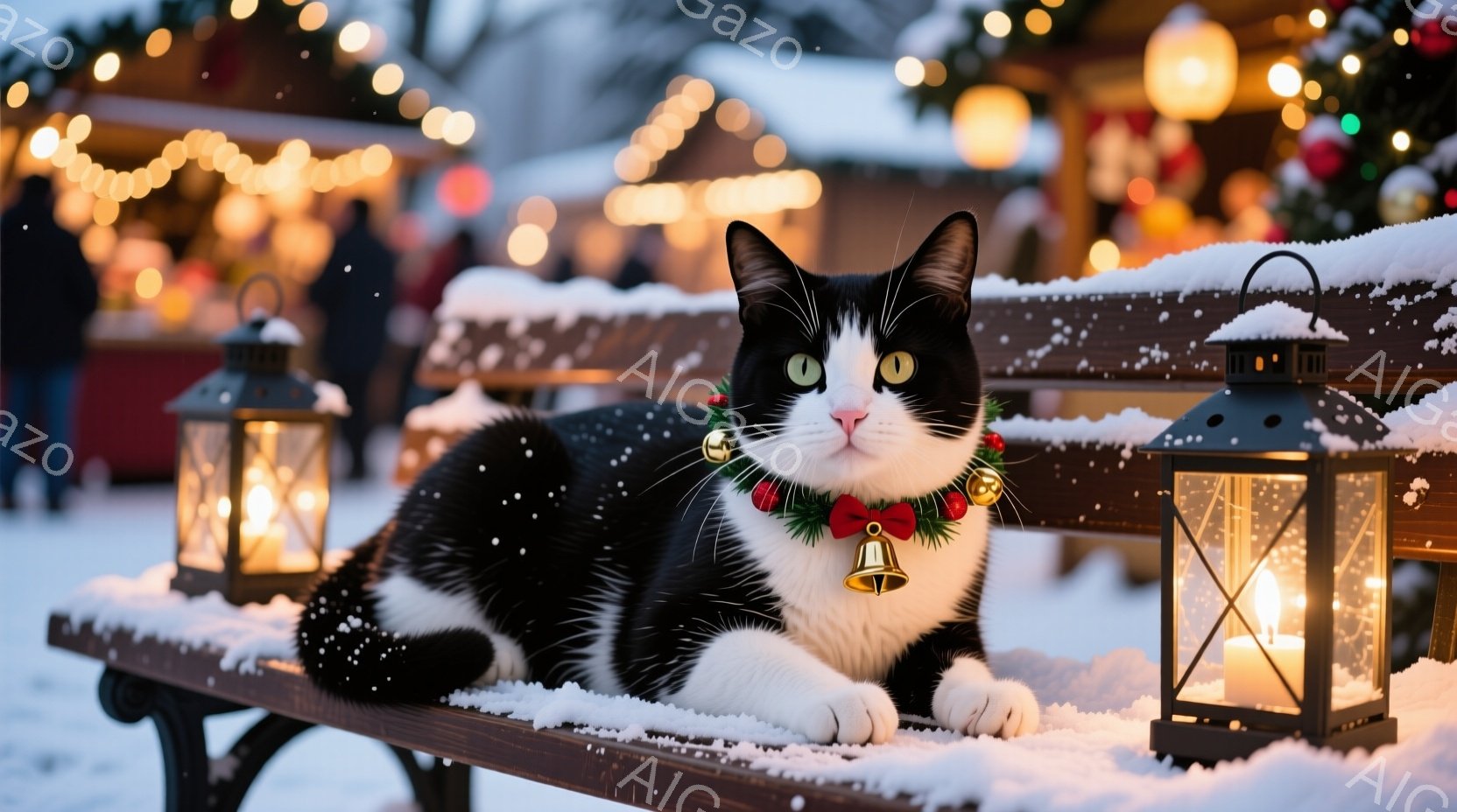 白と黒の猫が雪の積もった木製のベンチに横たわっています。赤い首輪に金のベルが付いており、穏やかな表情で正面を見つめています。背景にはぼやけたクリスマスマーケットの光が灯り、雪が舞う幻想的な冬の夜の雰囲 - AI生成フリー素材