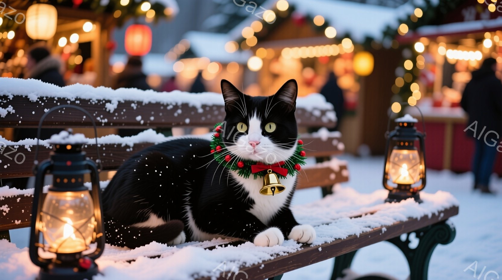 白と黒の猫が、雪で覆われた緑色のベンチに横たわっています。首には赤いリボンとベルが付いたクリスマス風の首輪が巻かれており、どこか余裕のある表情でこちらを見ています。背景には、クリスマスの飾り付けがされ - AI生成フリー素材