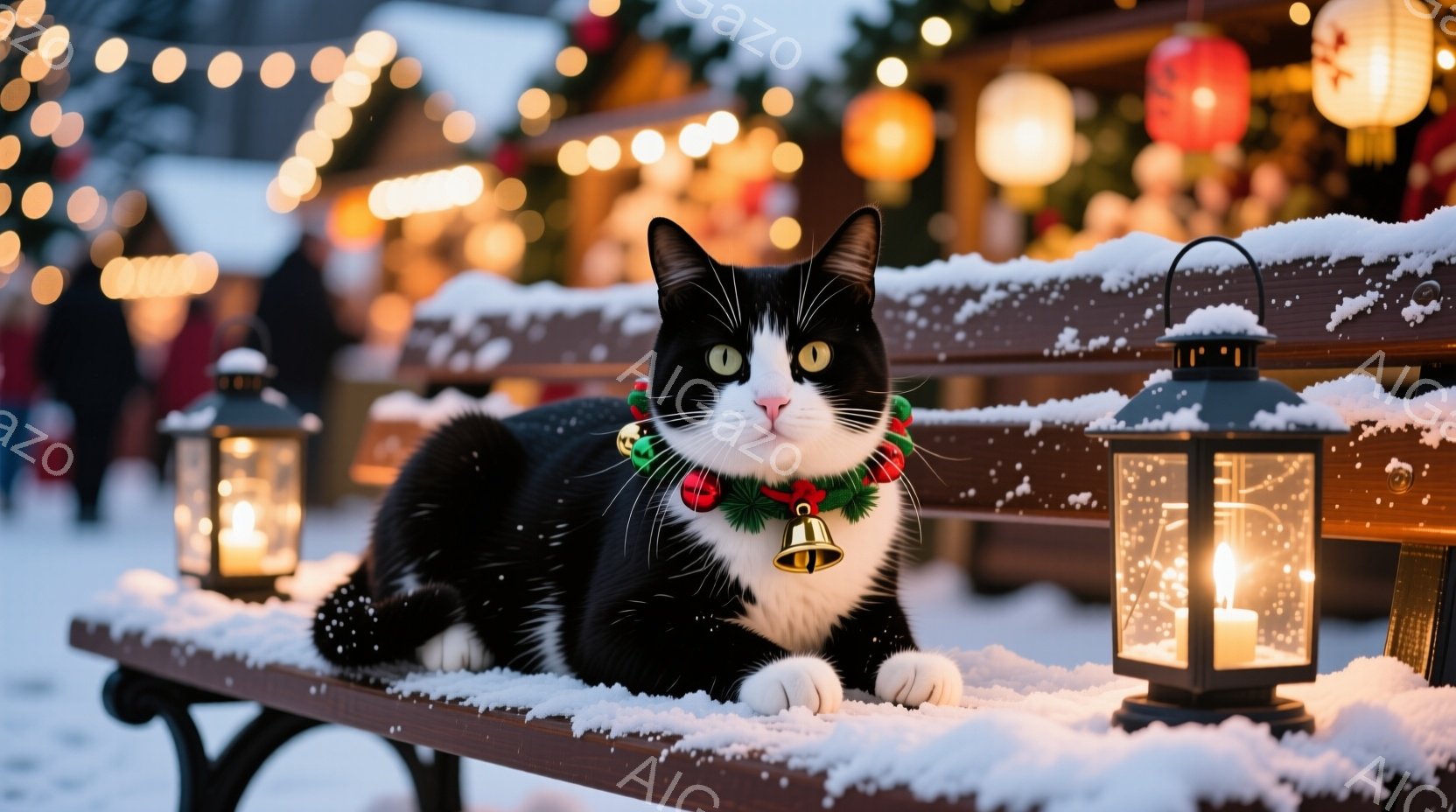 白と黒の猫が木製のベンチに横たわっており、赤いリボンと金色のベルが付いた首輪をしています。背景にはぼやけたクリスマスマーケットの光が灯り、雪が降り積もる冬の夜の静かで穏やかな雰囲気を作り出しています。 - AI生成フリー素材