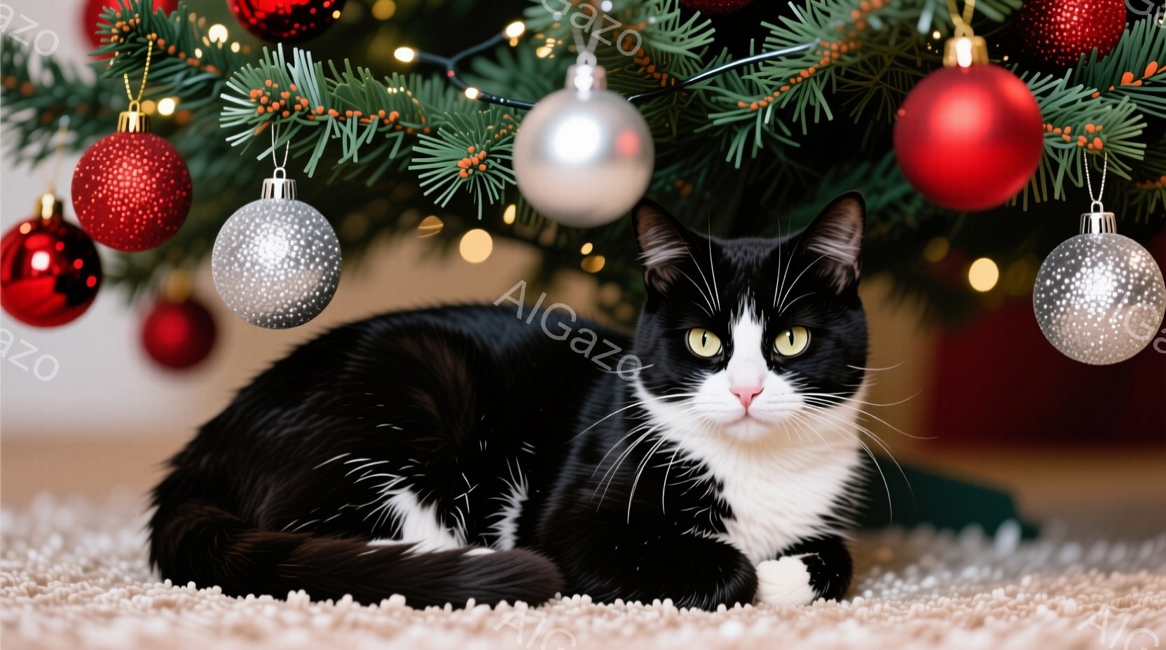 白と黒の猫が、カーペットの上に横たわっています。その猫は、緑の目を大きく見開き、リラックスした表情をしています。背景には、クリスマスツリーが飾られ、赤いオーナメントや光が暖かく、穏やかな雰囲気を醸し出 - AI生成フリー素材