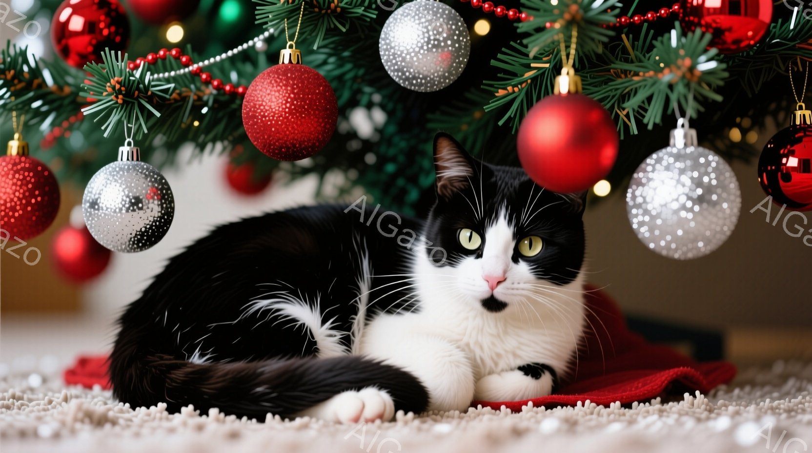 白と黒の猫が赤い布の上に横たわっており、緑のクリスマスツリーの下にいます。猫は前足を伸ばし、リラックスした表情でカメラを見ています。背景には、キラキラと輝く様々な色のオーナメントが飾られたクリスマスツ - AI生成フリー素材