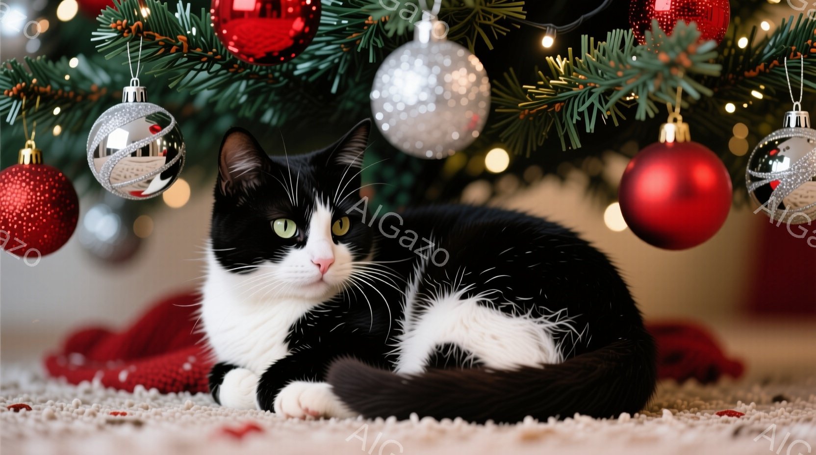 白と黒の猫がカーペットの上に横たわっており、緑色のクリスマスツリーが背景に見えます。猫はリラックスした表情で、まるでクリスマスの飾り付けを見守っているかのようです。背景には赤いオーナメントや光が散りばめられており、温かく穏やかな雰囲気を醸し出しています。