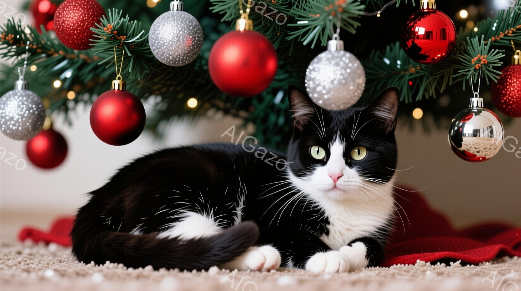 白と黒の猫が赤い布の上に横たわり、リラックスした様子でこちらを見ている。背景にはクリスマスツリーが飾られ、赤い、銀色のオーナメントがぶら下がっている。暖かく、お祝いの雰囲気で、猫の可愛らしさが際立って - AI生成フリー素材